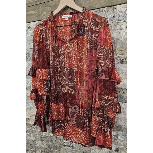 Frye Womens Tunic Top Patchwork Ruffled Long Sleeve Chiffon Peasant Boho Large - Picture 5 of 16